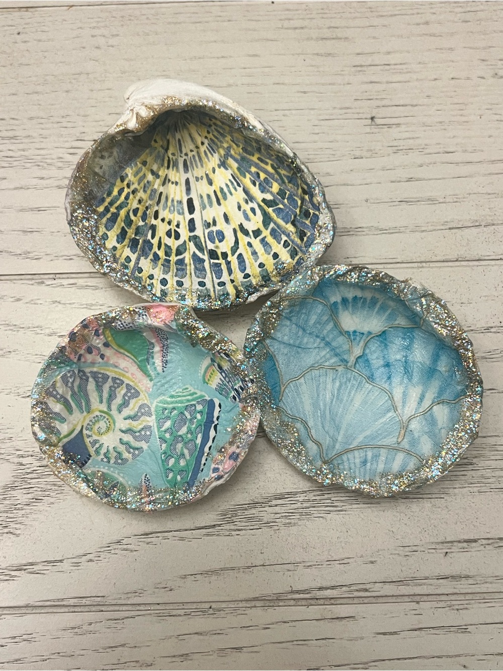 Handmade Coastal Themed Glitter Decorative  Seashells - Set of 3